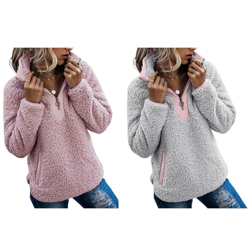 2 Pcs Women Sherpa Sweater Teddy Fleece Pullover Half Zipper Sherpa Fleece Tops Coat Sweaters, L Size Pink & M Size Gray
2 Pcs Women Sherpa Sweater Teddy Fleece Pullover Half Zipper Sherpa Fleece Tops Coat Sweaters, L Size Pink & M Size Gray