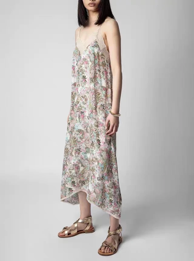 Новинка весна-лето 2023, кружевное строченное платье с цветочным принтом, топ для лагеря, платье, женская рубашка с длинным рукавом