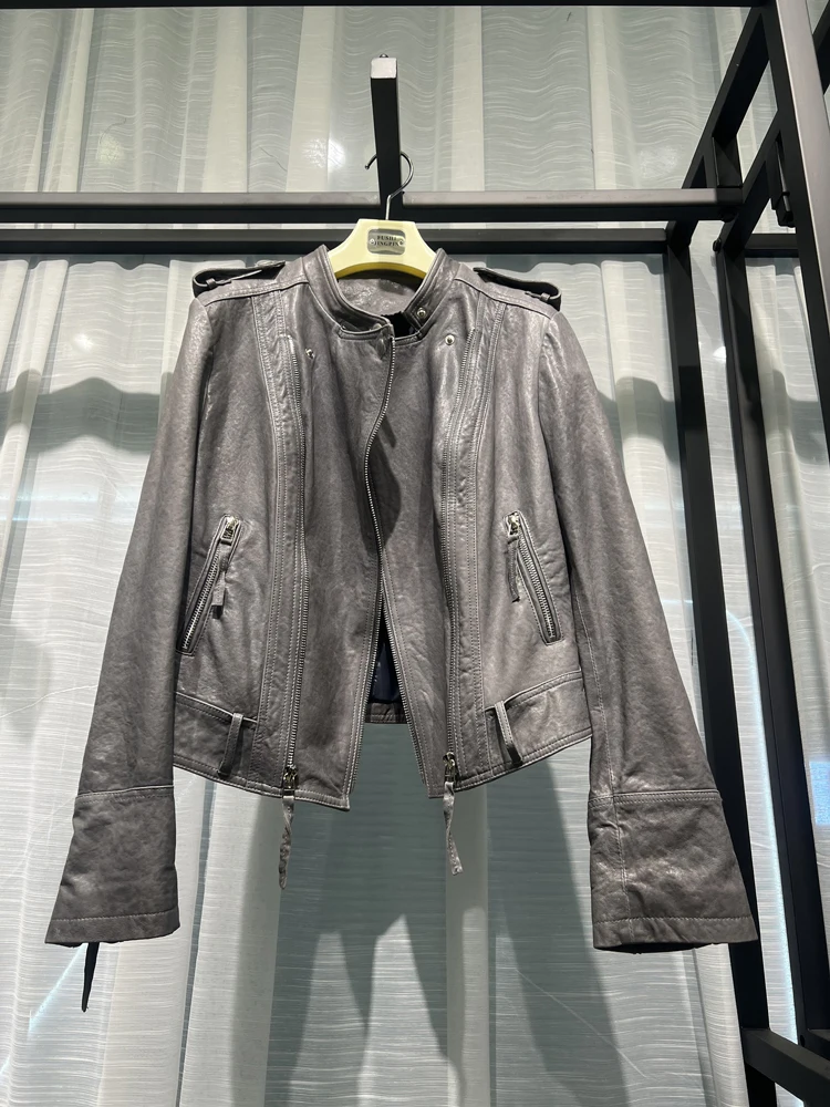 Distressed Locomotive Jackets Women Female Round Neck Grey Slim Zippers Pockets Real Sheepskin Short Coat Mujer Motorcycle Ropa 
Distressed Locomotive Jackets Women Female Round Neck Grey Slim Zippers Pockets Real Sheepskin Short Coat Mujer Motorcycle Ropa