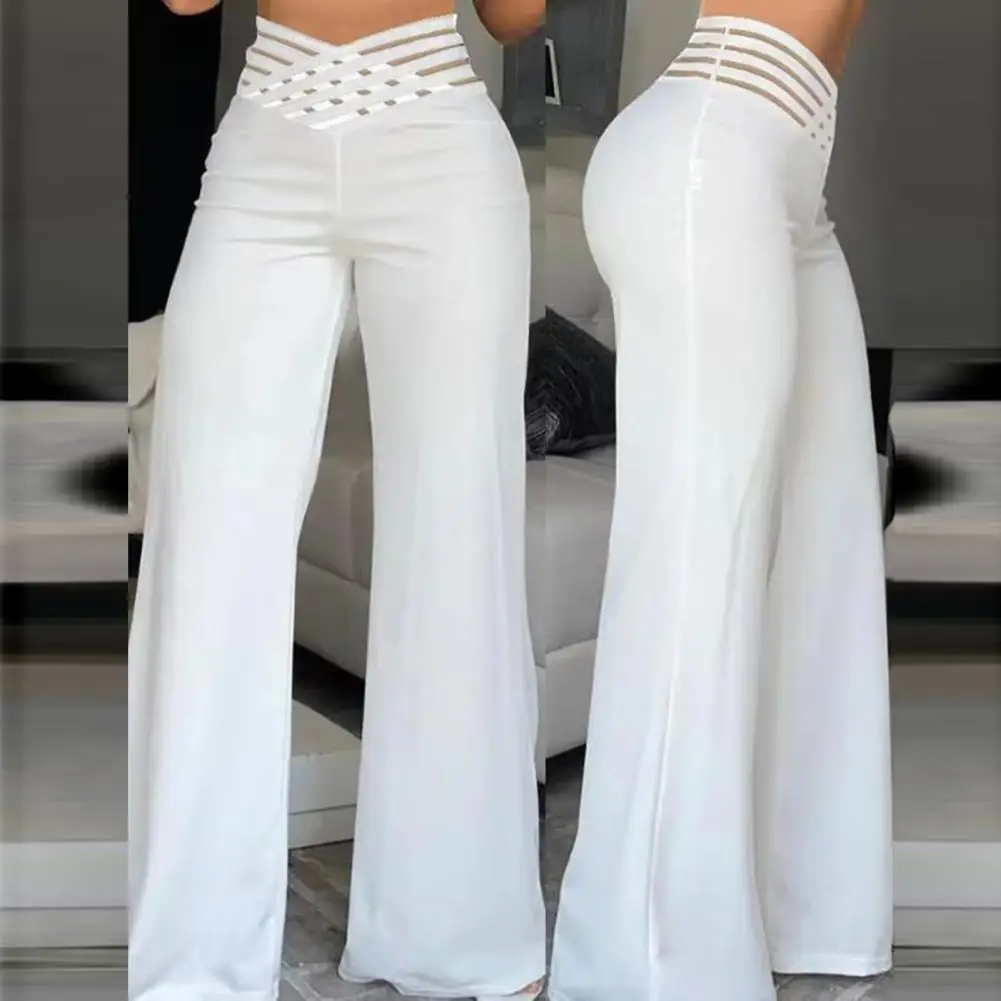 

Модные офисные женские брюки, элегантные прозрачные сетчатые Брюки-клеш с перекрещивающимися полосками, повседневные брюки с завышенной талией для женщин, одежда для лета 2023