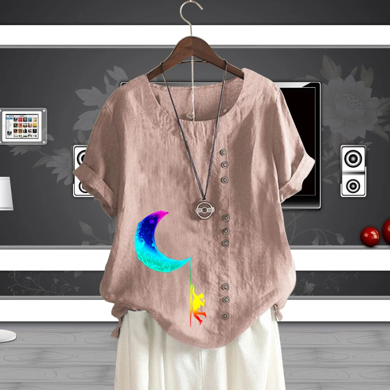 Summer T Shirt Crescent Moon Pattern O Neck Short Sleeve Women's Clothing Fashion Cotton Linen Lady's Pullover Casual Loose Top
Summer T Shirt Crescent Moon Pattern O Neck Short Sleeve Women's Clothing Fashion Cotton Linen Lady's Pullover Casual Loose Top