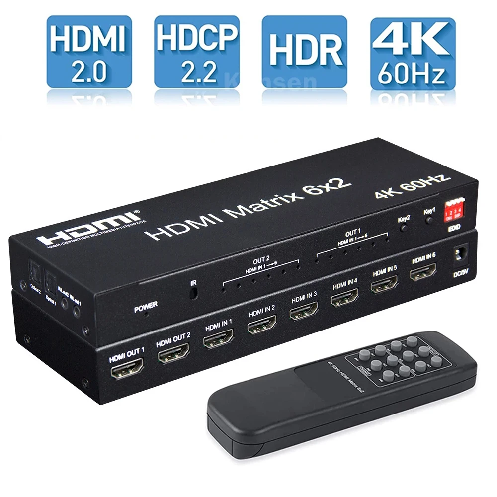 HDMI Matrix 6X2 HDMI 2.0 Switch with Audio Video Toslink Aux HDCP 2.2 Splitter 4K 60HZ Extractor for Laptop PC TV Monitor
HDMI Matrix 6X2 HDMI 2.0 Switch with Audio Video Toslink Aux HDCP 2.2 Splitter 4K 60HZ Extractor for Laptop PC TV Monitor