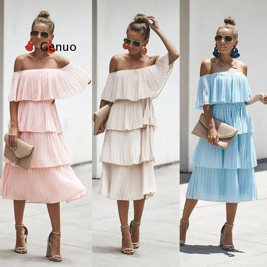 

Layered Pleated Ruffle Bardot Dress Sexy Off Shoulder Strapless Loose Dress Summer White Mid Length Dress Party Dress