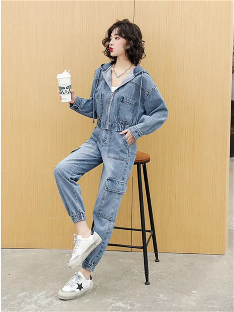 Korean Fashion Suit Spring Autumn Women‘s Short Hooded Denim Jacket + High Waist jean Pants Female Clothes Casual 2 Piece Set
Korean Fashion Suit Spring Autumn Women‘s Short Hooded Denim Jacket + High Waist jean Pants Female Clothes Casual 2 Piece Set