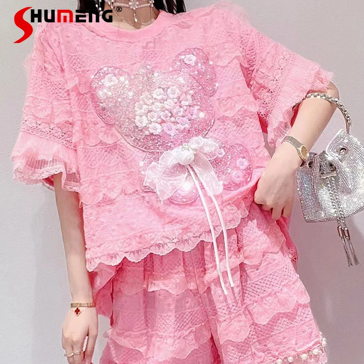 Women's 2022 Summer New Korean Style Fashion Sweet Beads Sequined Bear Lace Top Ladies Fairy Simple Shorts Solid Two-Piece Suit
Women's 2022 Summer New Korean Style Fashion Sweet Beads Sequined Bear Lace Top Ladies Fairy Simple Shorts Solid Two-Piece Suit