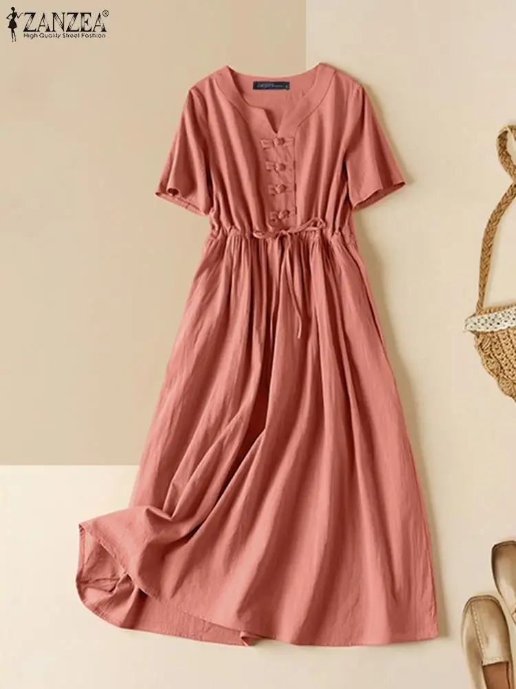 Elegant Button Knot Long Robes ZANZEA Vintage Midi Dress Women Casual Solid Color V-neck Short Sleeve Drawstring Waist Vestidos
Elegant Button Knot Long Robes ZANZEA Vintage Midi Dress Women Casual Solid Color V-neck Short Sleeve Drawstring Waist Vestidos