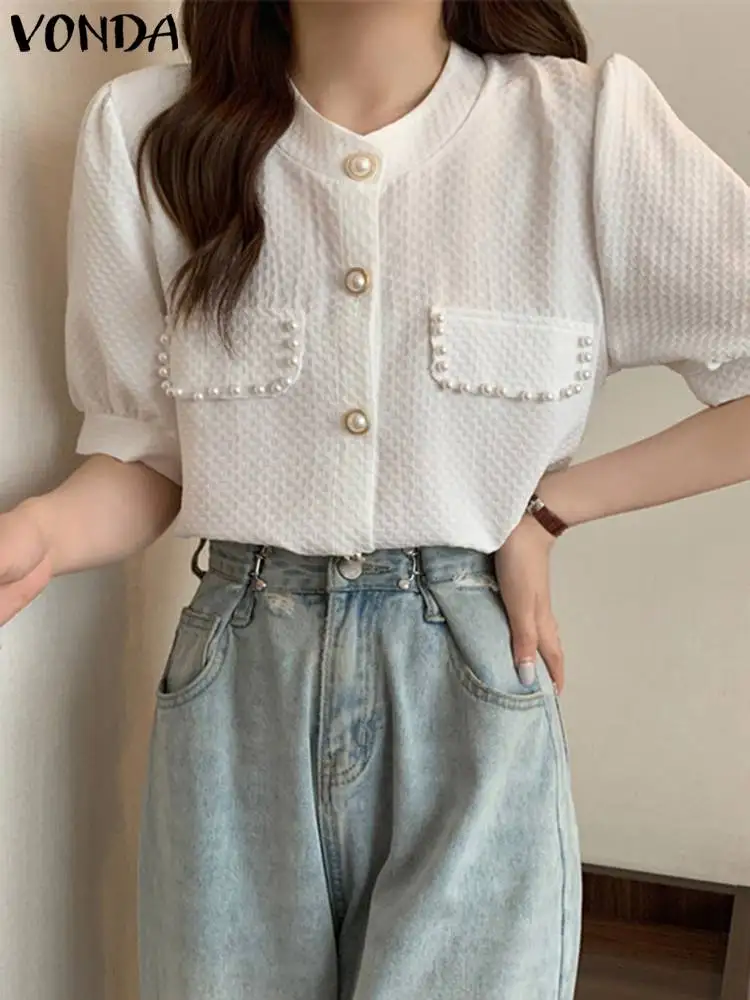 Elegant Blouses VONDA 2023 Summer Tops Women Shirts Fashion Round Neck Half Puff Sleeve Pearl Button Down Tunic Blusas Femininas
Elegant Blouses VONDA 2023 Summer Tops Women Shirts Fashion Round Neck Half Puff Sleeve Pearl Button Down Tunic Blusas Femininas