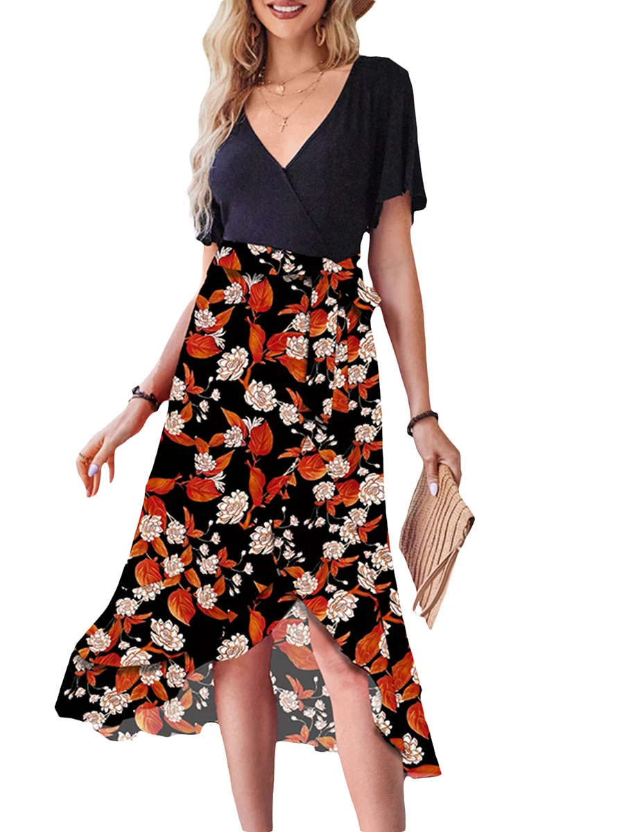 

Bohemian Floral Print with V-Neckline Short Sleeves Waist Tie and High-Low Ruffled Hem for Women s Summer Fashion