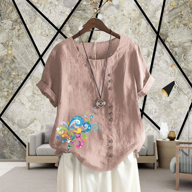 2022 Women's New Fashion Summer Floral Print Linen Round Neck Short Sleeve T Shirt Casual Loose Solid Color Plus Size Shirt Top
2022 Women's New Fashion Summer Floral Print Linen Round Neck Short Sleeve T Shirt Casual Loose Solid Color Plus Size Shirt Top