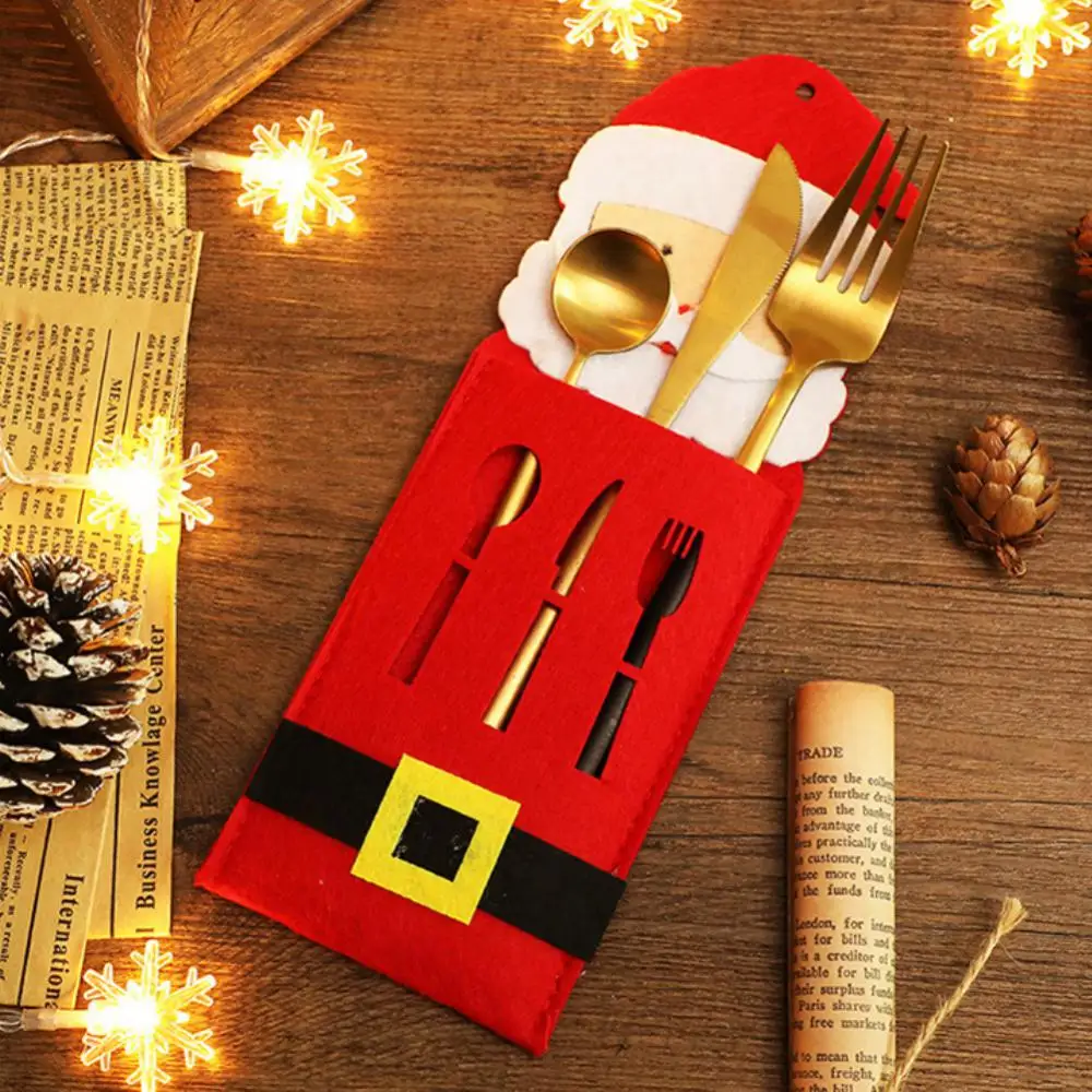 

Santa Claus Reindeer Christmas New Year 2022 Pocket Fork Knife Cutlery Holder Bag Home Party Table Dinner Decoration Tableware
