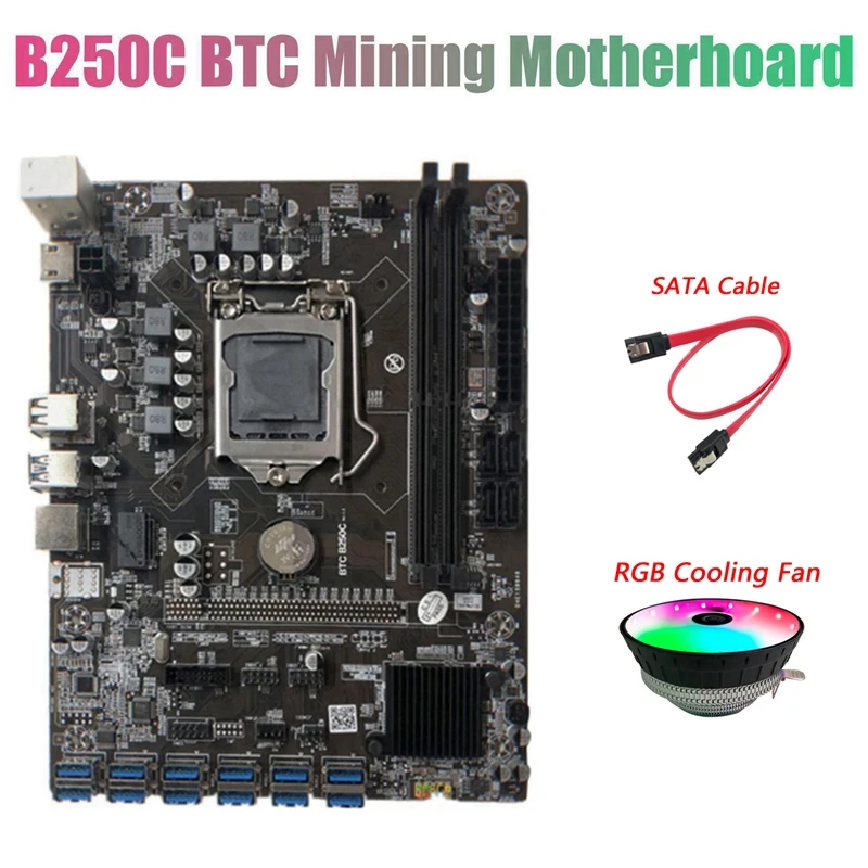 BTC B250C Mining Motherboard with RGB Cooling Fan+SATA Cable 12 PCIE to USB3.0 Graphics Card Slot LGA1151 Supports DDR4
BTC B250C Mining Motherboard with RGB Cooling Fan+SATA Cable 12 PCIE to USB3.0 Graphics Card Slot LGA1151 Supports DDR4