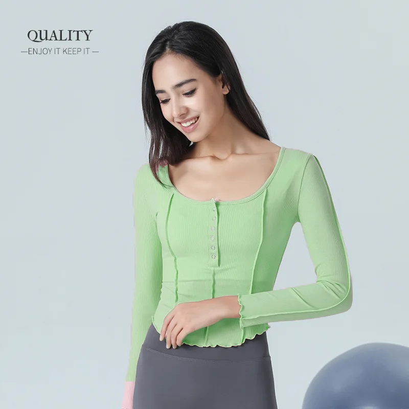 Autumn sexy button sports t-shirt women's tight-fitting slim stretch running long-sleeved fitness yoga top
Autumn sexy button sports t-shirt women's tight-fitting slim stretch running long-sleeved fitness yoga top