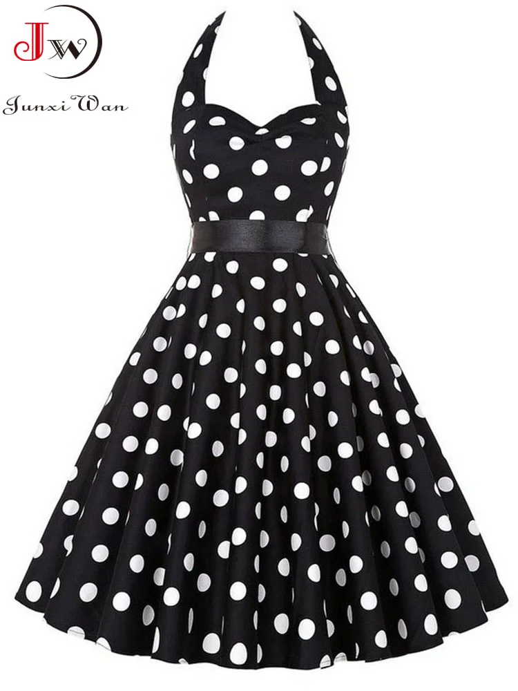 

Polka Dot Dress Women Vintage Swing Halter Belt 50s 60s Rockabilly Prom Party Dresses Retro Feminino Vestidos