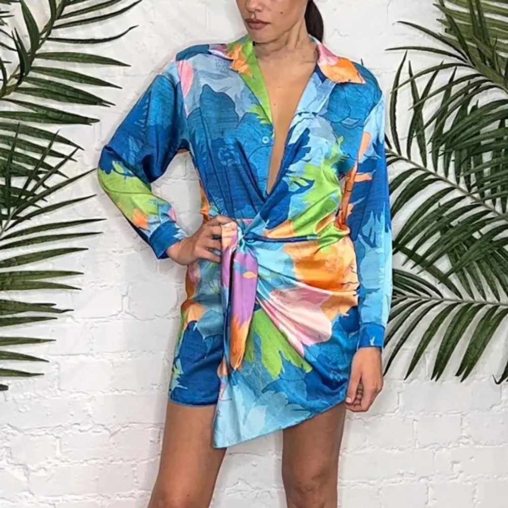 Turn Down Collar Lantern Long Sleeve Women Dress Colorful Flower Printing Lace-up Closure Asymmetric Shirt Dress 2022
Turn Down Collar Lantern Long Sleeve Women Dress Colorful Flower Printing Lace-up Closure Asymmetric Shirt Dress 2022