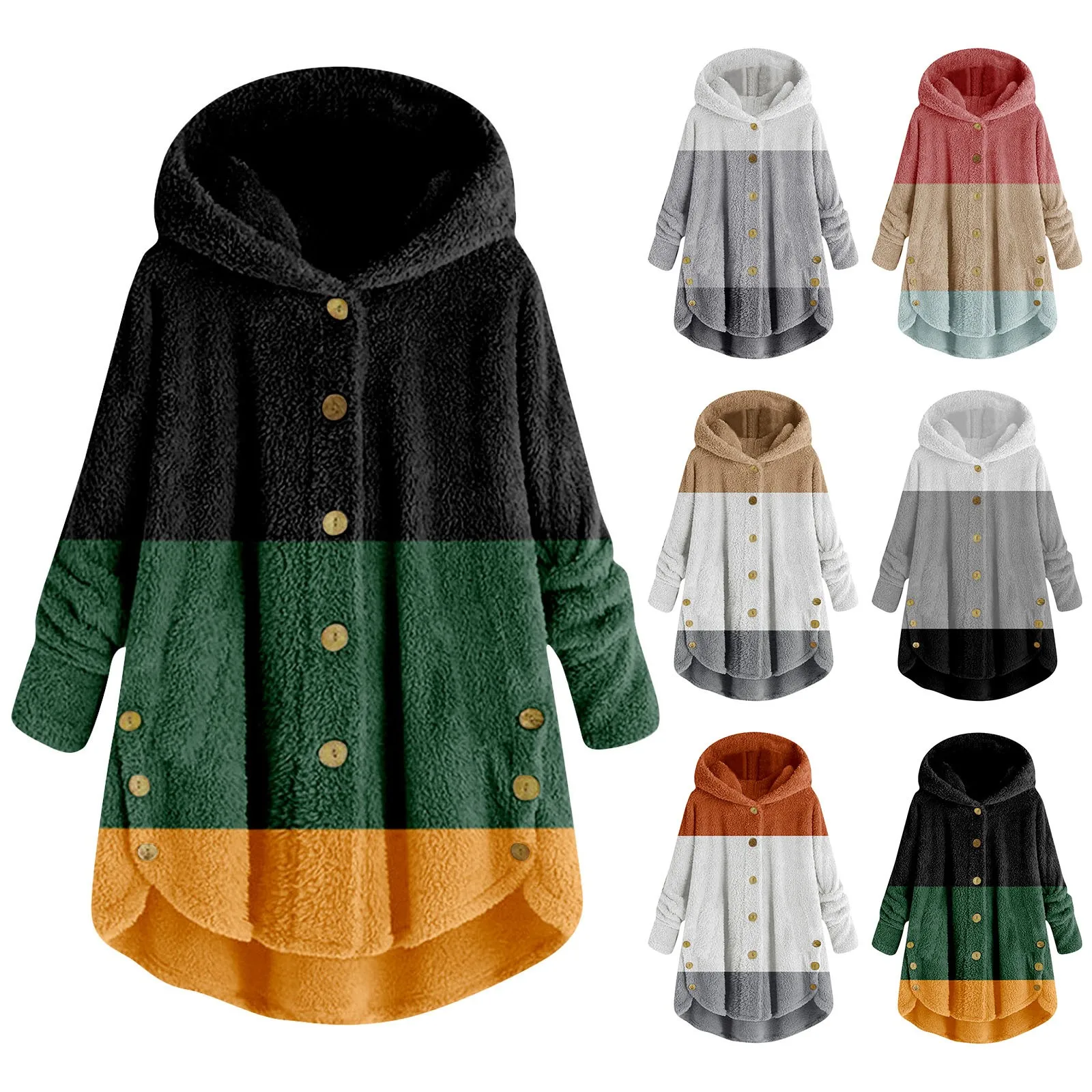 Women Plus Size Button Plush Tops Hooded Patchwork Loose Cardigan Wool Coat Winter Jacket
Women Plus Size Button Plush Tops Hooded Patchwork Loose Cardigan Wool Coat Winter Jacket