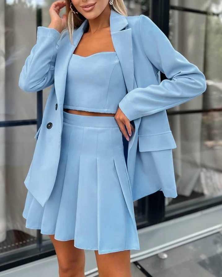 

Two Piece Sets Womens Outifits Elegant V-Neck Sleeveless Plain Cami Top & Fashion Pleated Work Mini Skirt Set 2022 Summer