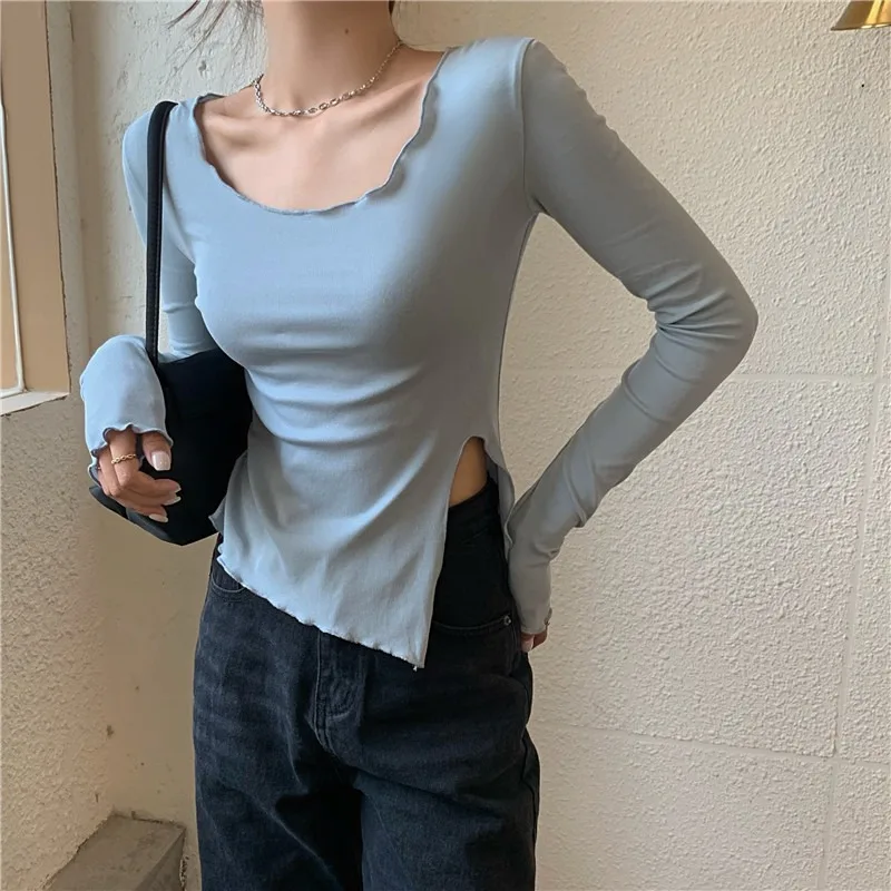

Slim Irregular T-Shirt Women Solid color Basic Female Autumn Casual Tops Split fork Long Sleeve Sexy Top Black bottoming Shirt