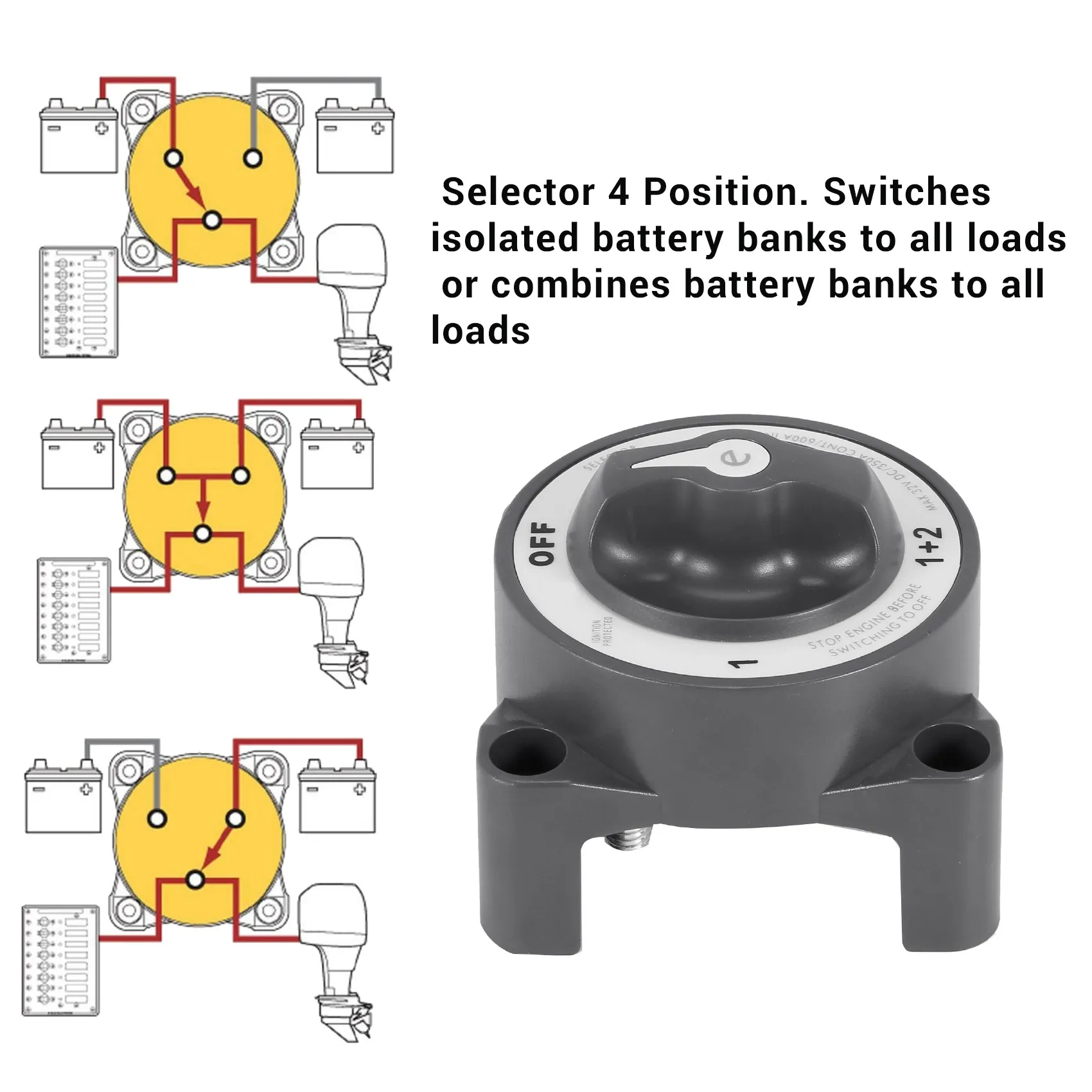 

Отсоединяемый поворотный переключатель, 4 положения, 32 В, 350 А, E-Series, водонепроницаемый двойной изолятор батареи, Переключатель ВКЛ/ВЫКЛ