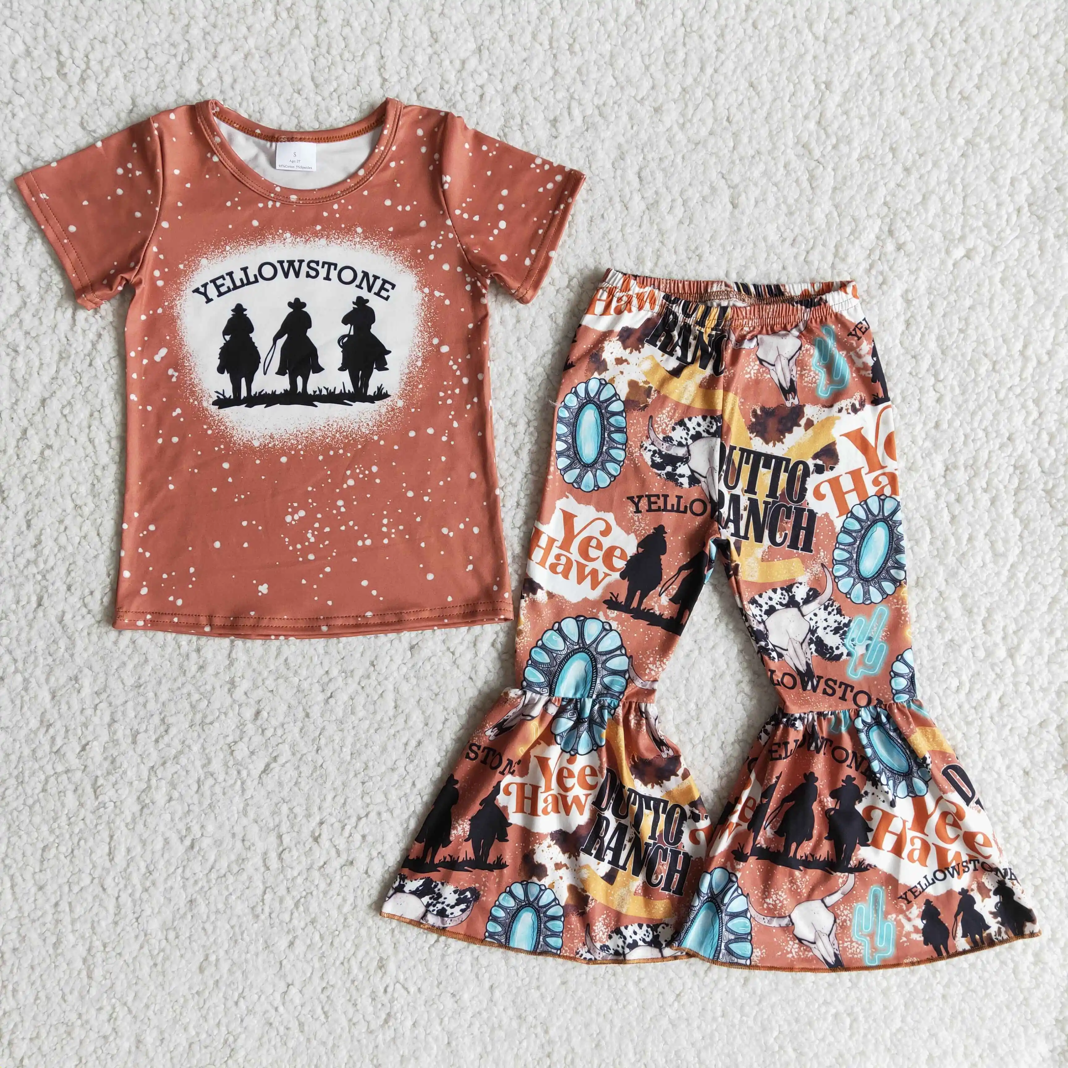 

Одежда для малышей в западном стиле из коровы, рубашка с короткими рукавами и рисунком лошади, штаны с колокольчиками, оптовая продажа, Детская осенняя одежда для детей