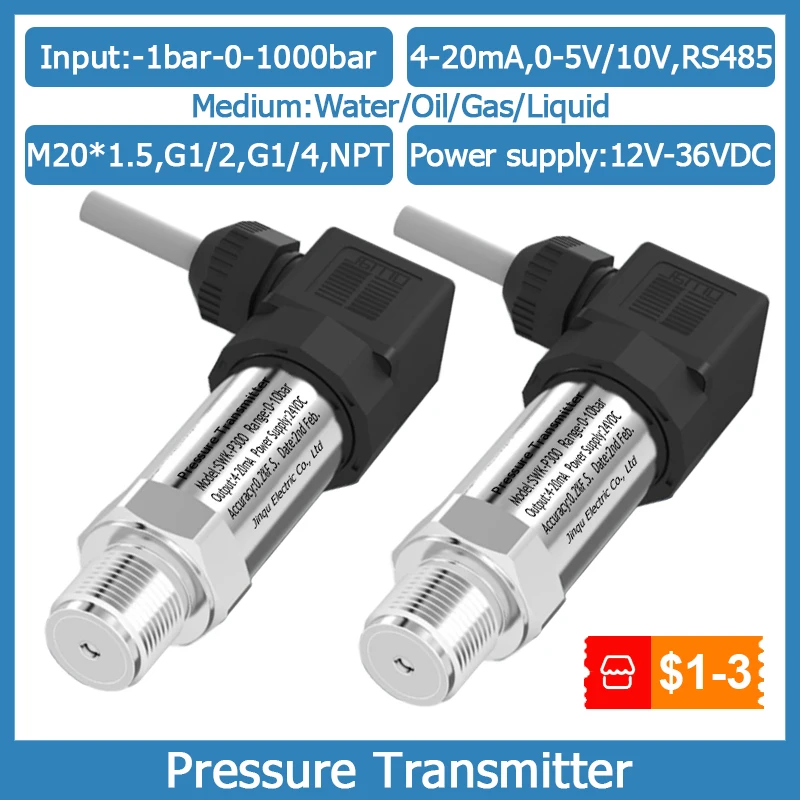 Pressure Transmitter 4-20mA 0-5V 10V RS485 Output -1bar-1000bar Water Gas Oil Liquid Pressure Vacuum Negative Pressure Sensor
Pressure Transmitter 4-20mA 0-5V 10V RS485 Output -1bar-1000bar Water Gas Oil Liquid Pressure Vacuum Negative Pressure Sensor