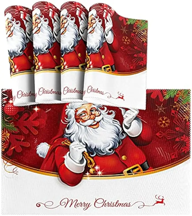 

Christmas Holiday Placemats Set of 4 Santa Clause Heat-Resistant Washable Table Place Mats for Kitchen Dining Table Decoration