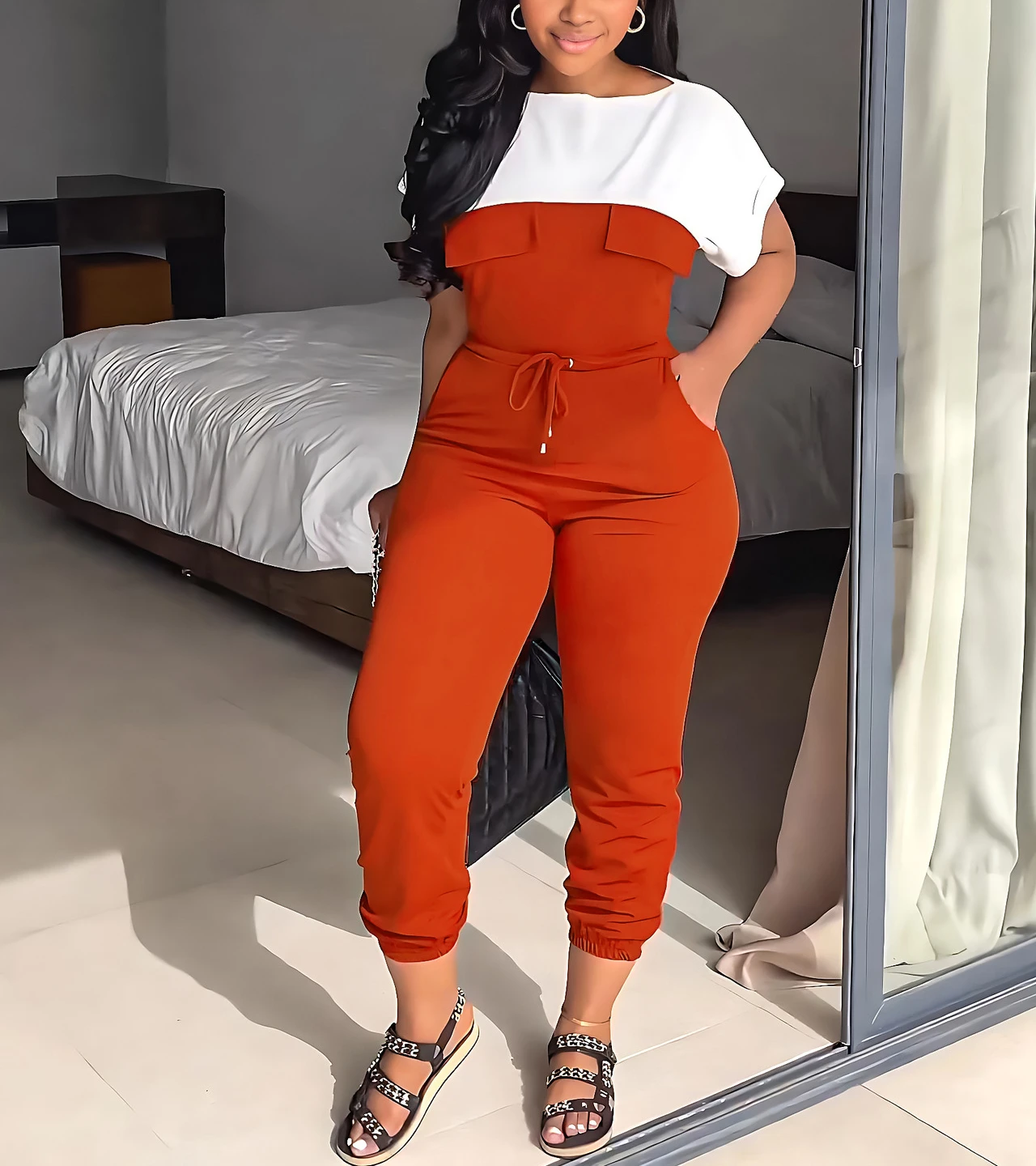 Summer Casual Patchwork Color Matching Short Sleeved Slim Fitting Waist Lace-Up Pocket Leggings Sports jumpsuit Women
Summer Casual Patchwork Color Matching Short Sleeved Slim Fitting Waist Lace-Up Pocket Leggings Sports jumpsuit Women