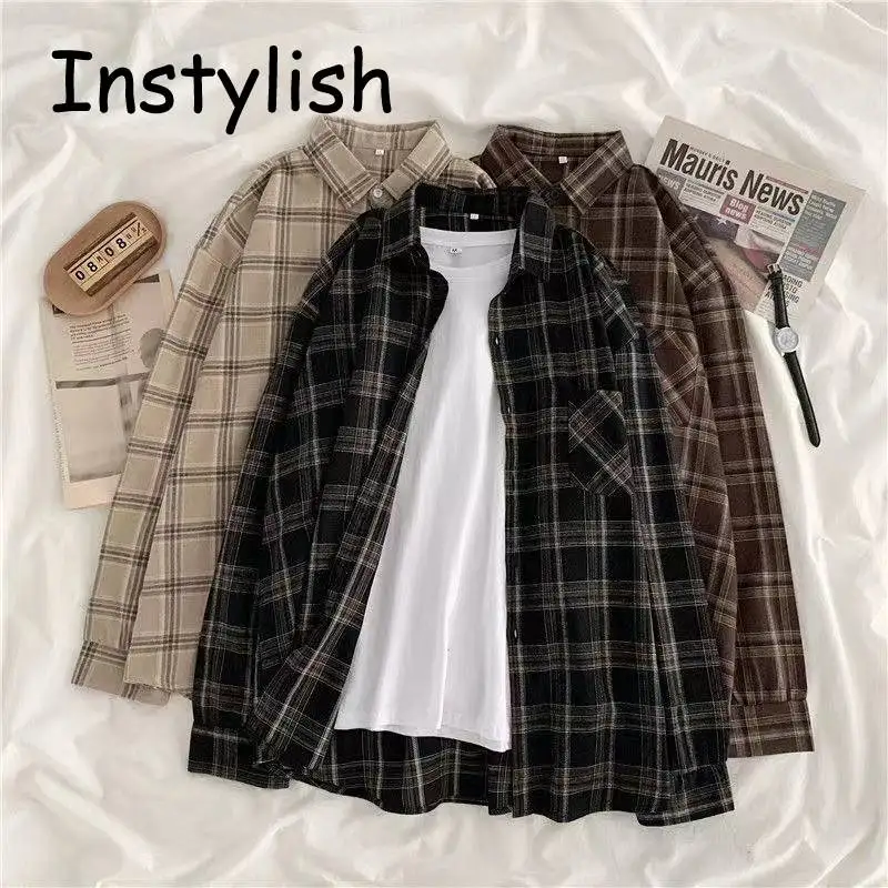 Elegant Vintage Plaid Shirts Women Autumn Long Sleeve Loose Blouse Casual Korean Harajuku Single Breasted Oversized Top Tunics
Elegant Vintage Plaid Shirts Women Autumn Long Sleeve Loose Blouse Casual Korean Harajuku Single Breasted Oversized Top Tunics