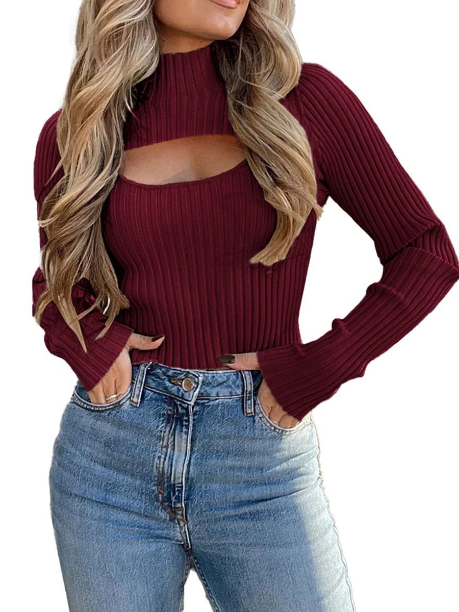 

Women 2 Piece Cutout Knitted Outfits Mock Neck Long Sleeve Pullover Sweater Tops Rib Fitted Camisole Fall Streetwear