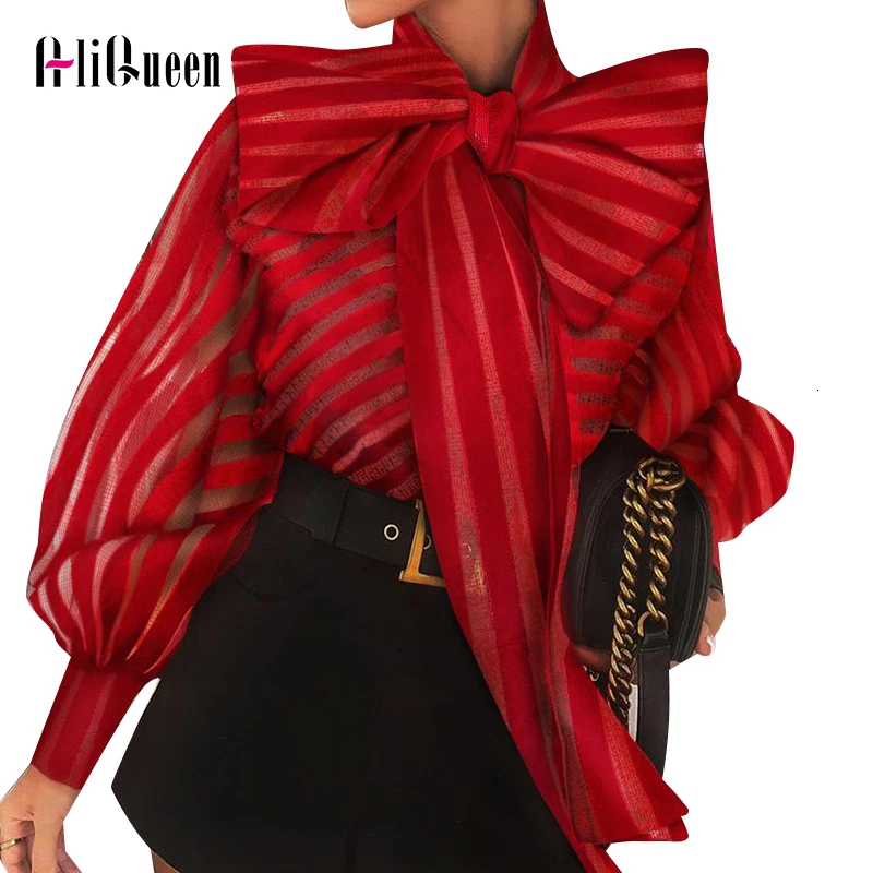 2020 Spring Striped Organza Perspective Sexy Blouses Female Bow Collar Lantern Long Sleeve Loose Lace Up Women Shirts Top Blusas
2020 Spring Striped Organza Perspective Sexy Blouses Female Bow Collar Lantern Long Sleeve Loose Lace Up Women Shirts Top Blusas