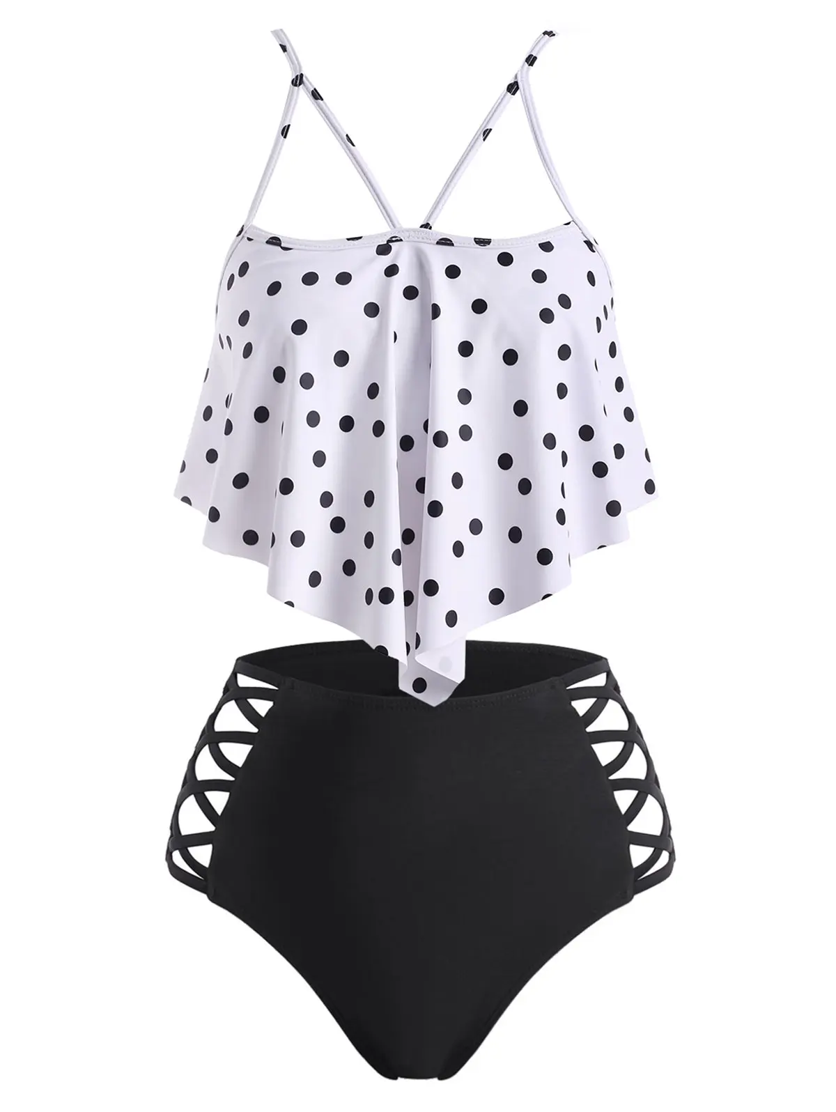 

High Waisted Flounce Overlay Polka Dot Strappy Criss Cross Lattic Bikinis Set Women Fashion Full Coverage Tankini Summer Beach