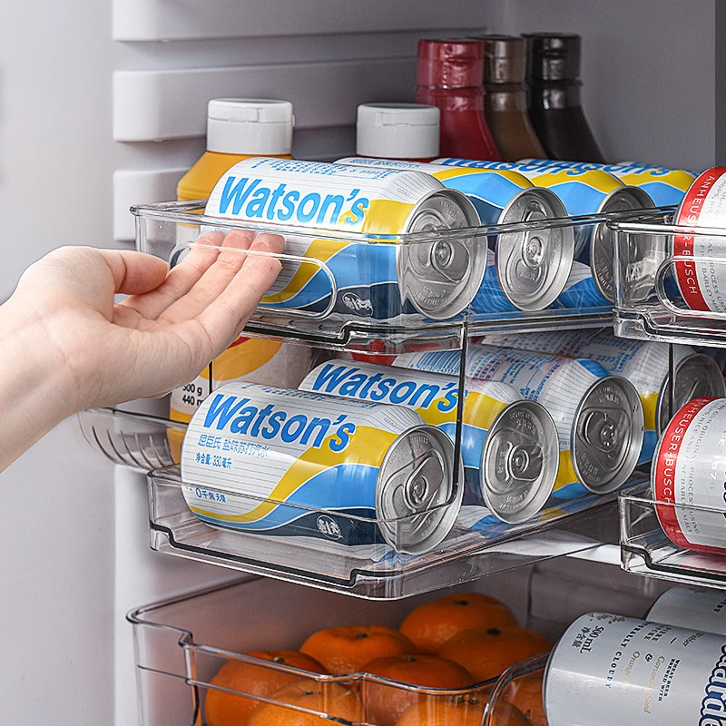

Kitchen Organizer Transparent Refrigerator Canned Beer Beverage Storage Box Cans Cola Basket Double-layer Rolling Storage Shelf