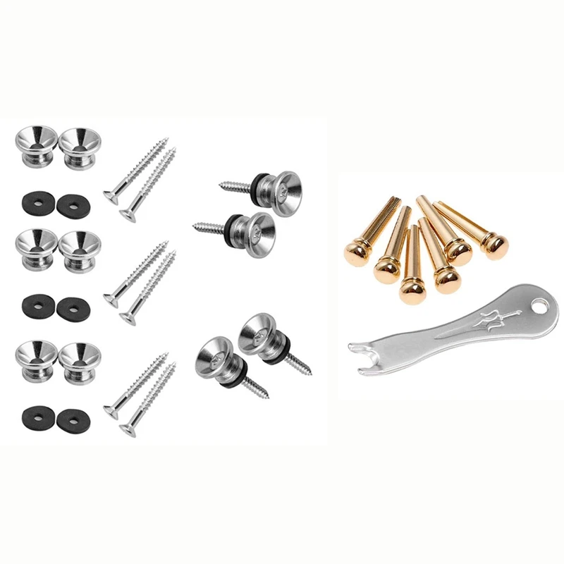 6Pcs Brass Endpin With Guitar Bridge Pin Puller & 10Pcs Metal Strap Buttons End Pins With Mounting Screws
6Pcs Brass Endpin With Guitar Bridge Pin Puller & 10Pcs Metal Strap Buttons End Pins With Mounting Screws