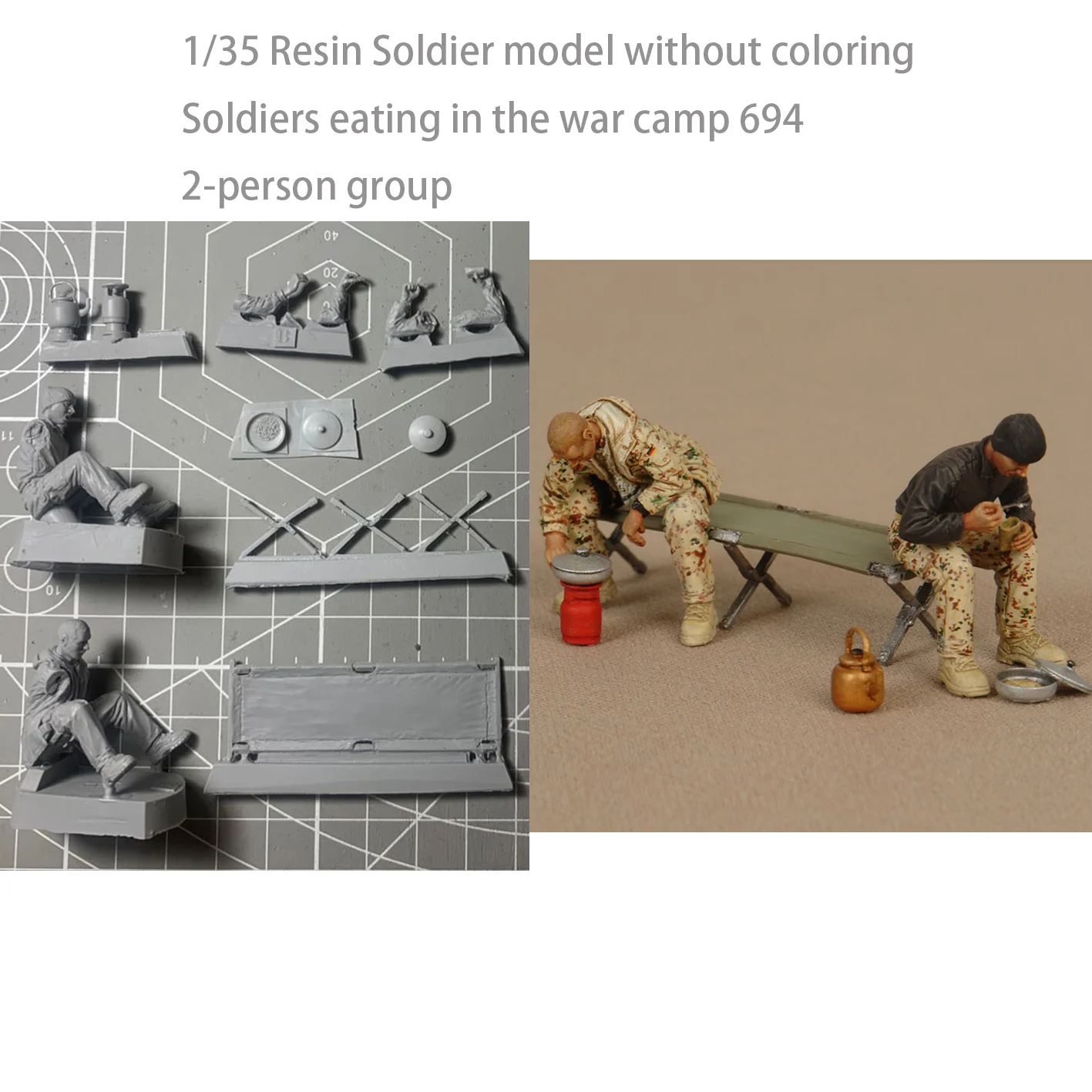 1/35 Resin Soldier model without coloring Soldiers eating in the war camp 694 2-person group
1/35 Resin Soldier model without coloring Soldiers eating in the war camp 694 2-person group