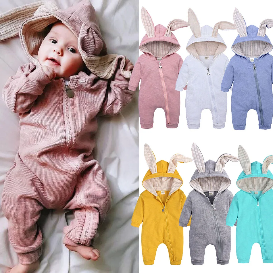 

Baby Boys Girls Romper Kids Bunny Ear One Piece Toddler Easter Onesie Unisex Hooded Outfit White Pink Gray Jumpsuit 0-18 Months