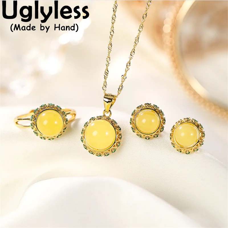 

Uglyless 1Set Green Zircons Crystals Floral Jewelry Set for Women Amber Beeswax Studs Earrings Rings Necklaces 925 Silver +Chain