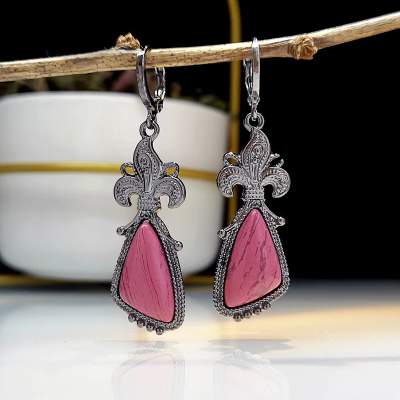 

FONECT Pendientes Colgantes Piedra Rosa Forma Triangular Para Mujer Aretes Colgantes Tallada Metal Negro Estilo Vintage Joyería