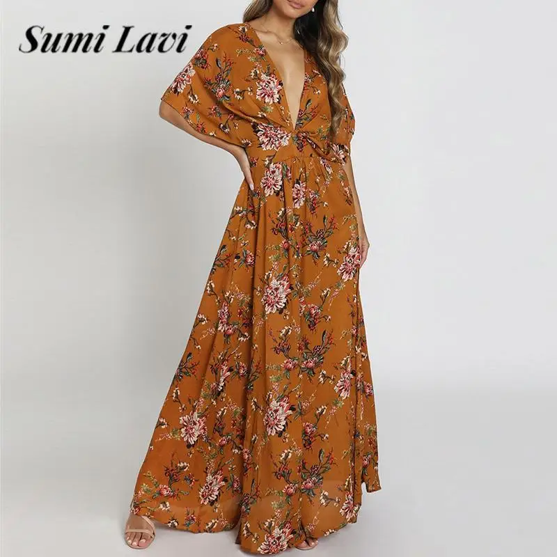 Sexy Pattern Print Back Hollow Out Women Dress Deep V Neck Bat Half Sleeve Long Dress Bohemia Ladies Waisted Side Split Dresses
Sexy Pattern Print Back Hollow Out Women Dress Deep V Neck Bat Half Sleeve Long Dress Bohemia Ladies Waisted Side Split Dresses