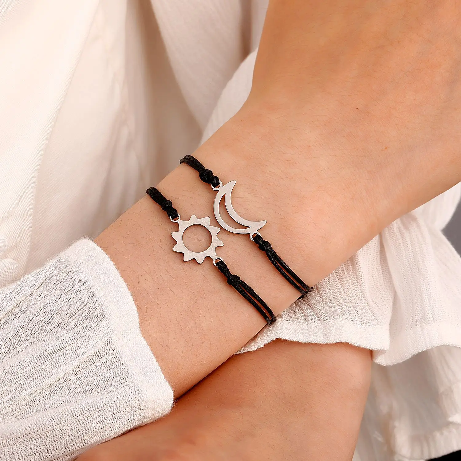 Handmade Braided Black Rope Bracelet Silver Color Bohemian Sun&moon Charm Bracelets for Women Men Pinky Promise Card Bracelet
Handmade Braided Black Rope Bracelet Silver Color Bohemian Sun&moon Charm Bracelets for Women Men Pinky Promise Card Bracelet