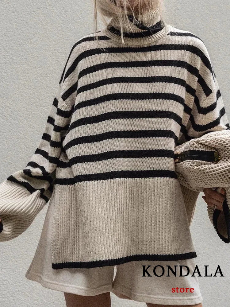 Фото KONDALA 2022 винтажные полосатые длинные свитера оверсайз с высоким воротом женские