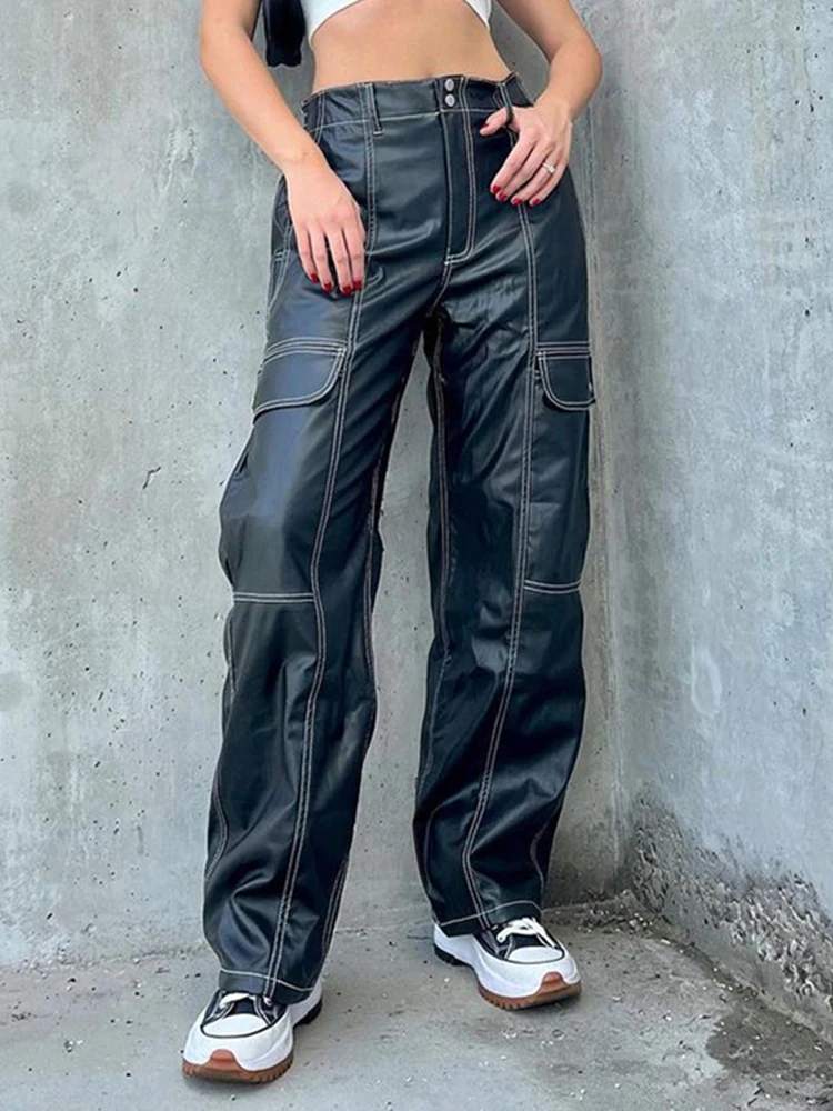 WeiYao Stitched Stripe Pockets Streetwear PU Leather Cargo Pants Women Korean Fashion High Waist Straight Leg Trousers Black
WeiYao Stitched Stripe Pockets Streetwear PU Leather Cargo Pants Women Korean Fashion High Waist Straight Leg Trousers Black