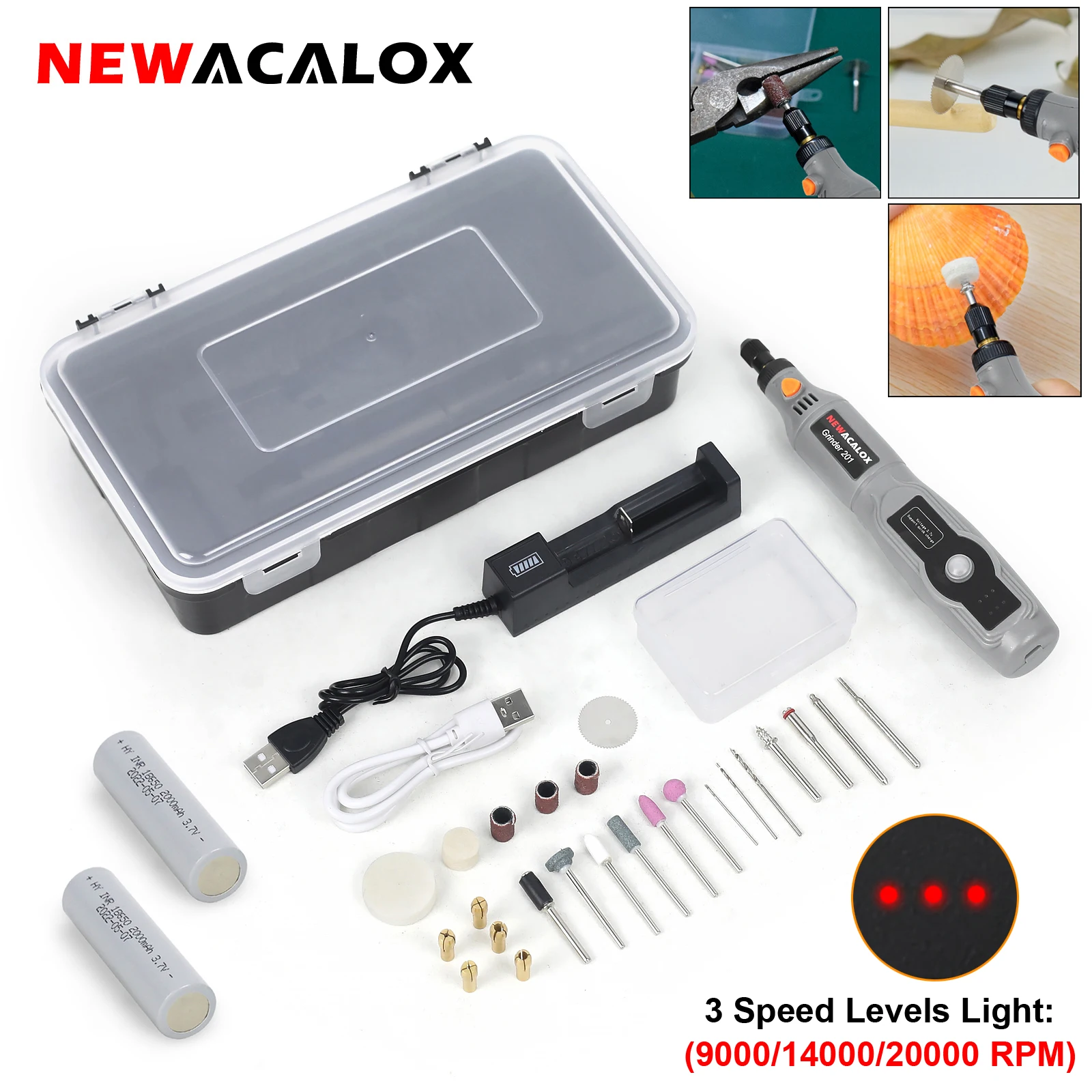 NEWACALOX USB Charging Cordless Grinder Set 3-Speed Adjust Mini Electric Carving Pen Rotary Tools Kit with Accessories/Tool Box
NEWACALOX USB Charging Cordless Grinder Set 3-Speed Adjust Mini Electric Carving Pen Rotary Tools Kit with Accessories/Tool Box