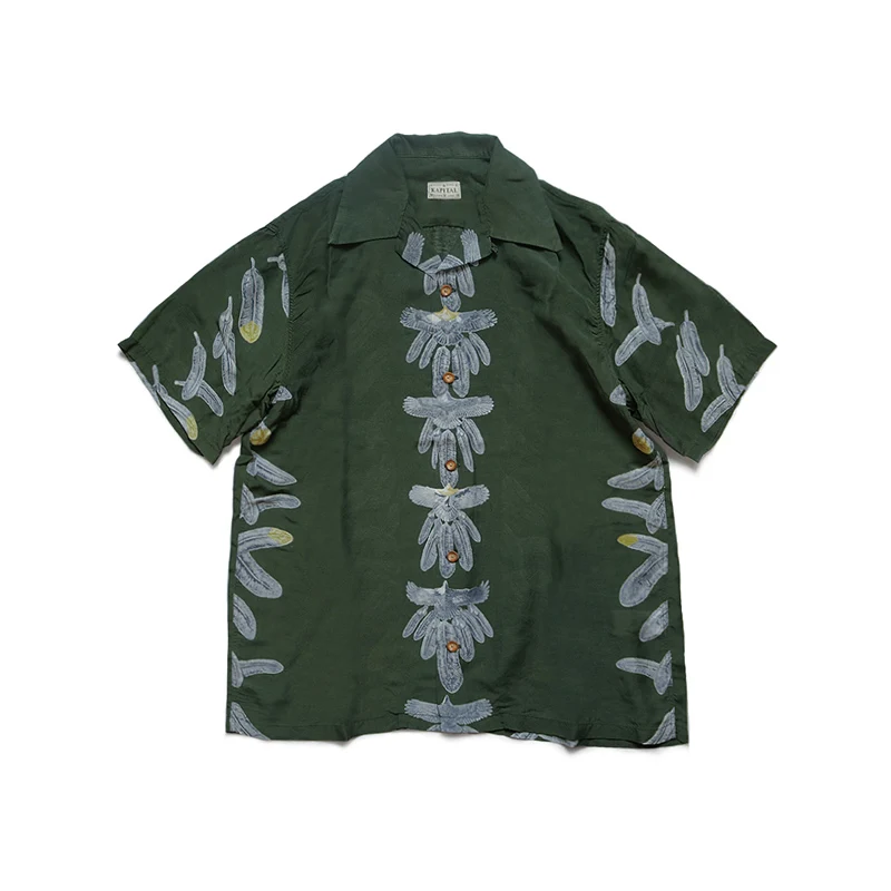 Kapital Japan Style Feather Print Antique Summer Retro Hawaiian Men's and Women's Short Sleeved Dark Green Loose Shirt
Kapital Japan Style Feather Print Antique Summer Retro Hawaiian Men's and Women's Short Sleeved Dark Green Loose Shirt