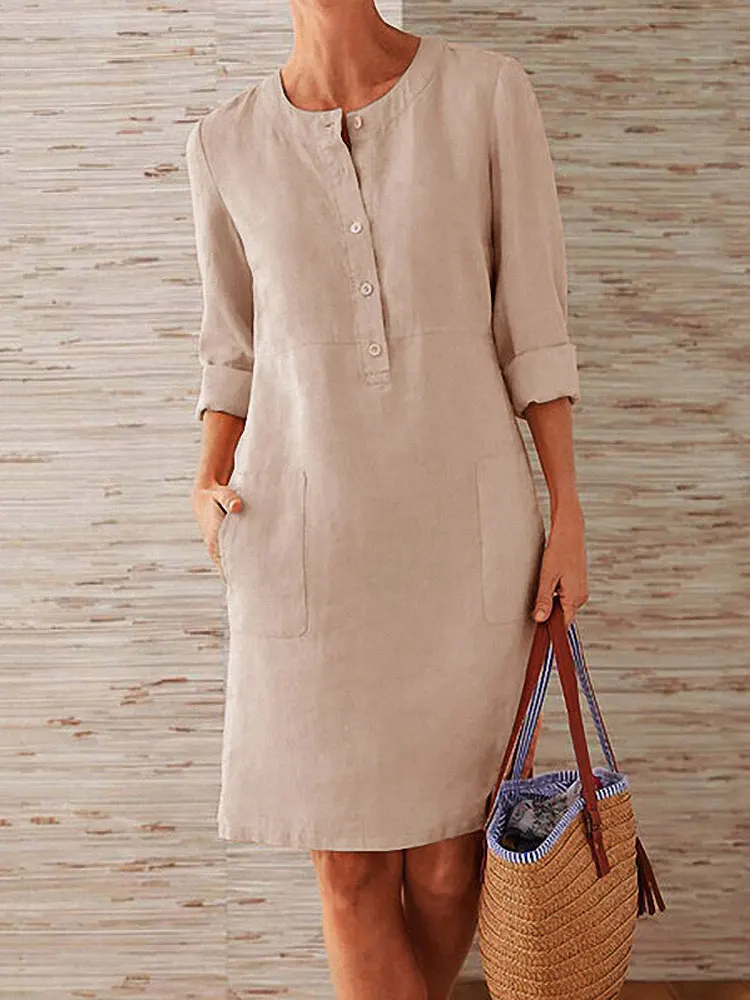 Платье женское летнее из хлопка и льна с круглым вырезом 
Платье женское летнее из хлопка и льна с круглым вырезом