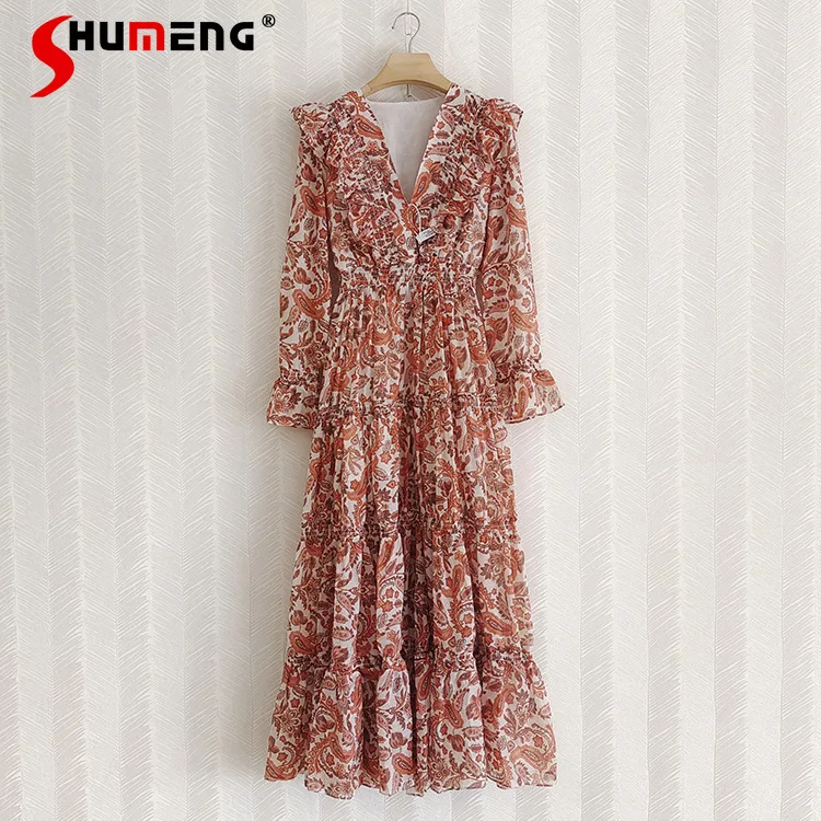 2022 Spring and Summer New Lady Ruffled V-neck Floral Print Long Sleeve Beach Dresses Slimming Chic and Elegant Woman Long Dress
2022 Spring and Summer New Lady Ruffled V-neck Floral Print Long Sleeve Beach Dresses Slimming Chic and Elegant Woman Long Dress