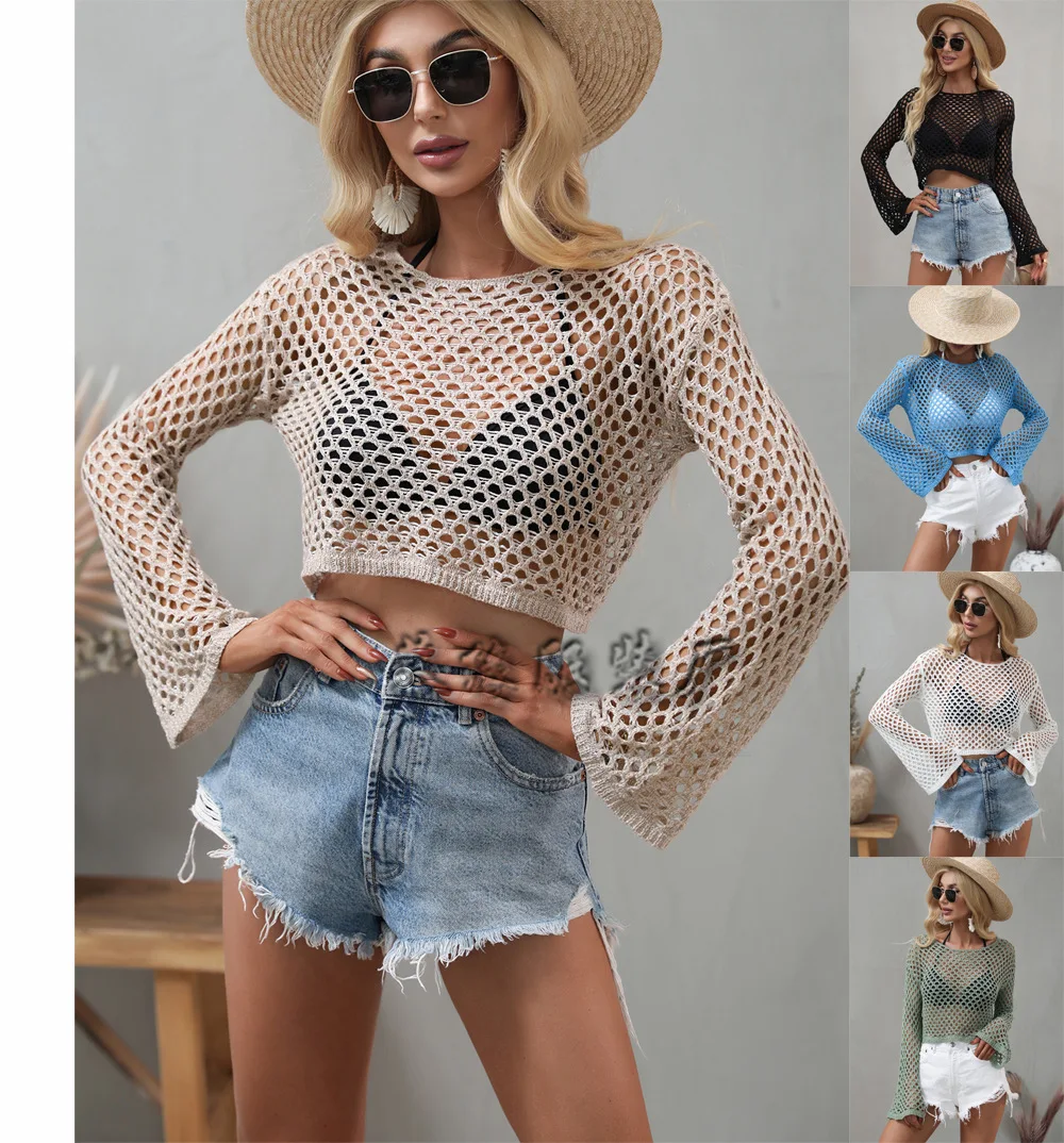 2022 New European and American Knitwear Trumpet Sleeves Loose Round Neck Hollow Sweater Women Harajuku Cropped Sweater
2022 New European and American Knitwear Trumpet Sleeves Loose Round Neck Hollow Sweater Women Harajuku Cropped Sweater
