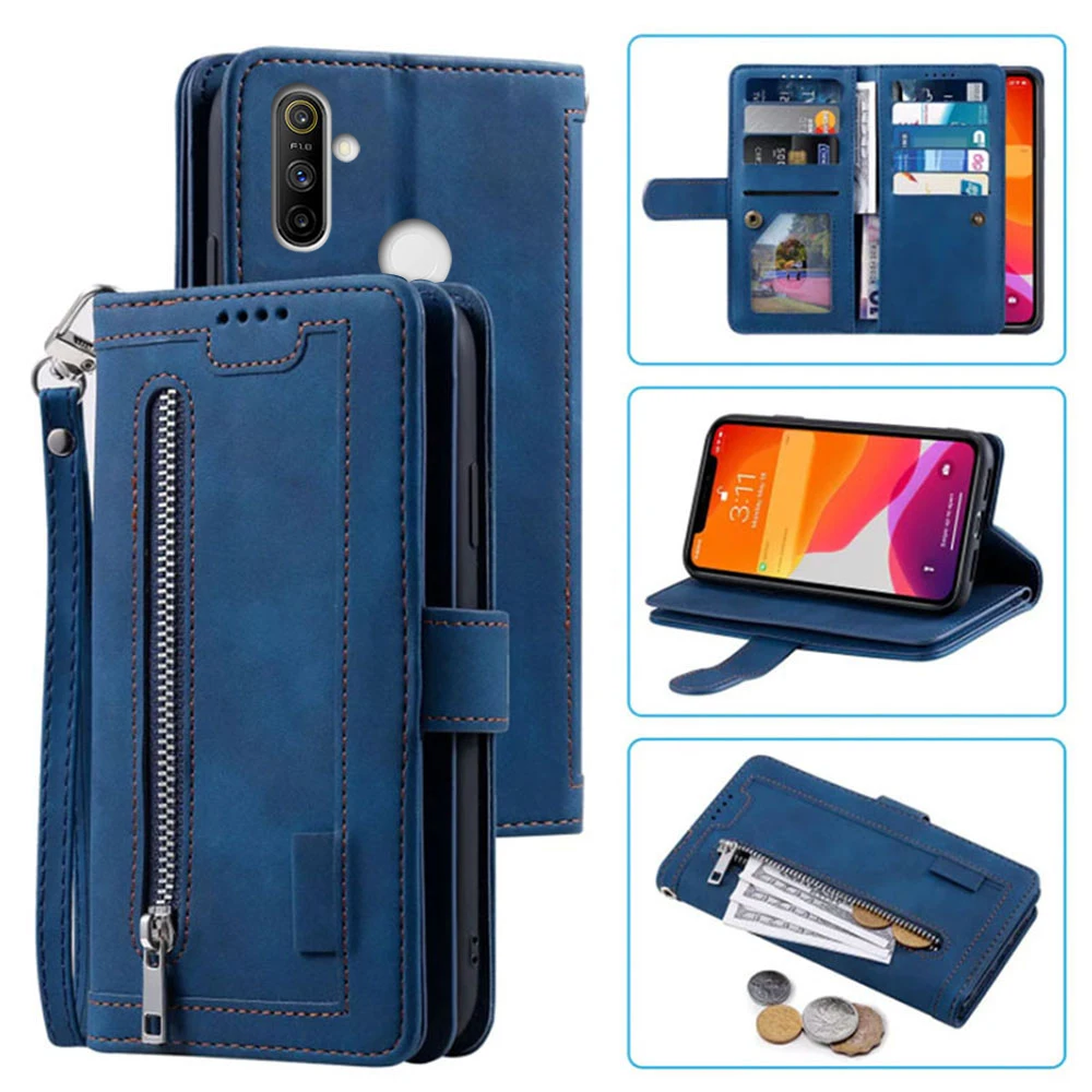 

9 Cards Wallet Case for OPPO Realme 5 5S 5i 6i Case Card Slot Zipper Flip Folio with Wrist Strap Carnival Realme Narzo 10A Cover