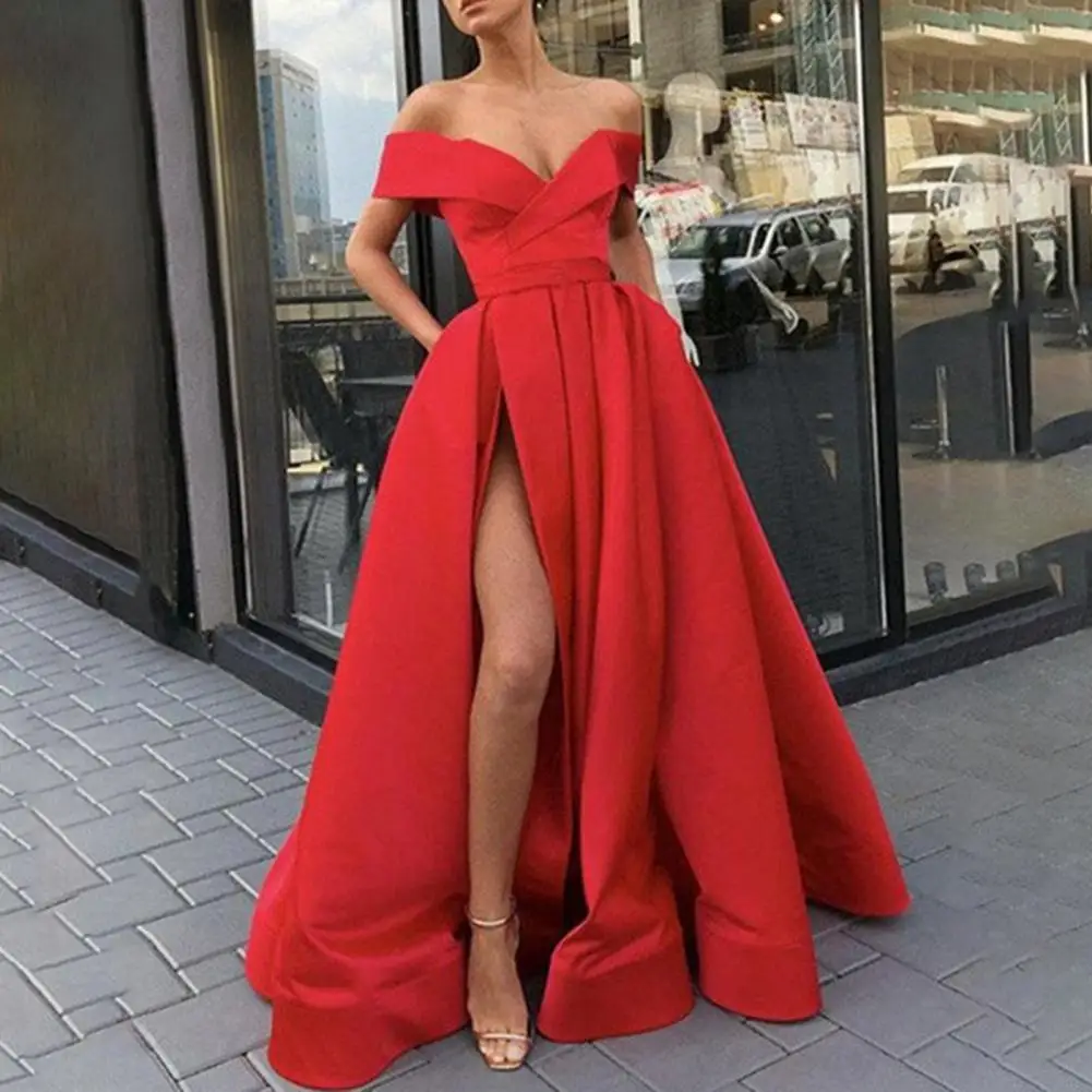 Женское платье-макси с разрезом и открытыми плечами, вечернее платье до пола для свадьбы, 2022 
Женское платье-макси с разрезом и открытыми плечами, вечернее платье до пола для свадьбы, 2022