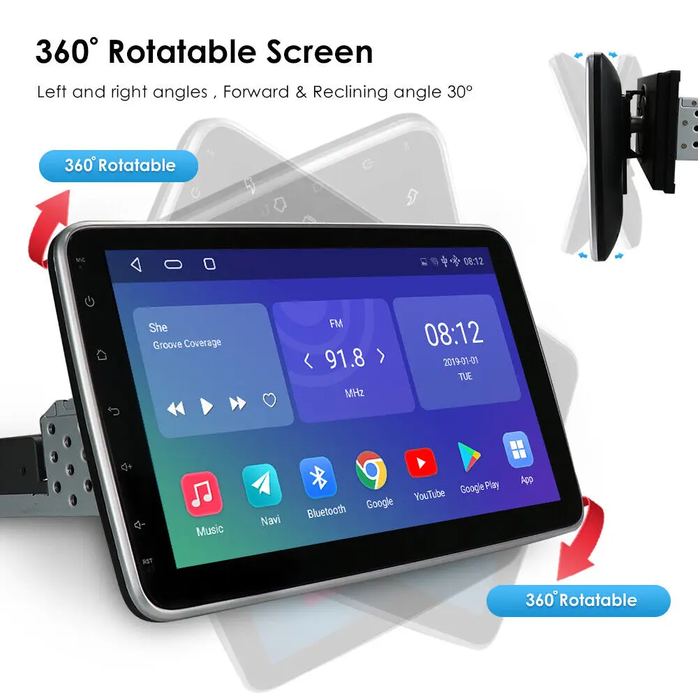 1DIN Android 14.0 10-дюймовый автомобильный стерео радио с поворотным сенсорным экраном