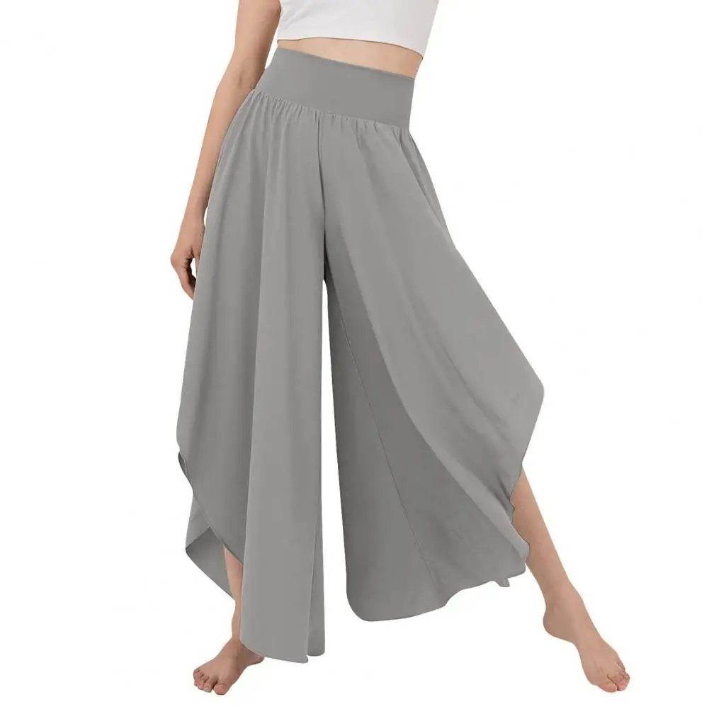 

Women Culottes Skirt Pants High Elastic Waist Loose Irregular Hem Ankle Length Solid Color Deep Crotch Soft Breathable Female Tr