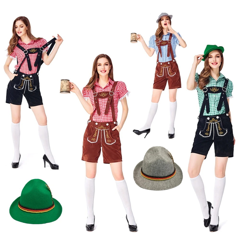 

Немецкий женский костюм на Октоберфест, вышитые подтяжки Lederhosen и клетчатая рубашка, Костюм баварского карнавала, косплей, вечернее платье